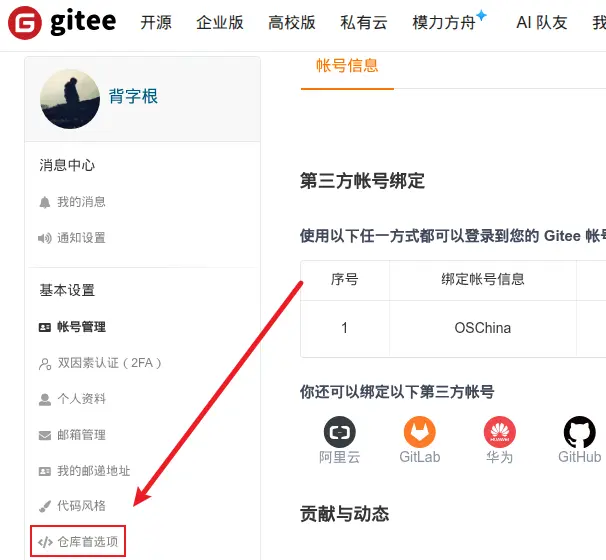 Gitee仓库首选项